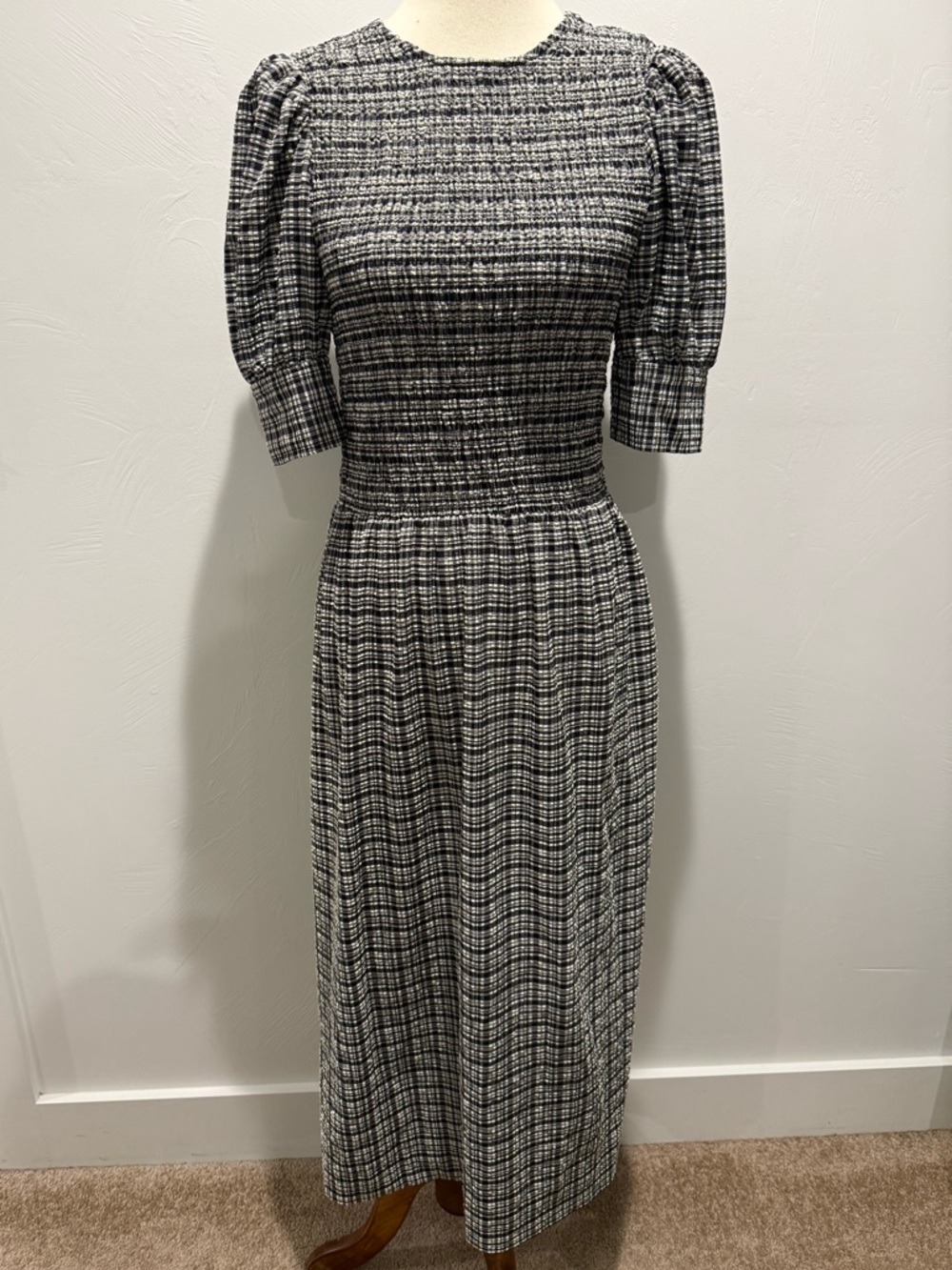 Ganni Black & White Plaid Smocked Midi Dress with Puff Sleeves Low Back